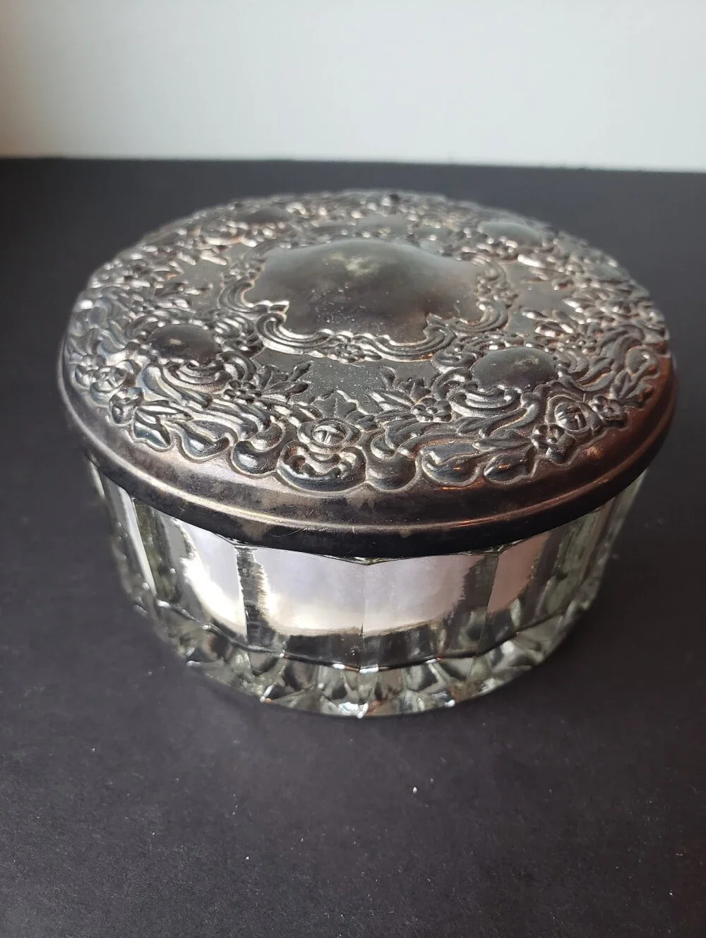 1980's Ornate Vintage Silver-plate Glass Powder Jar, Unused